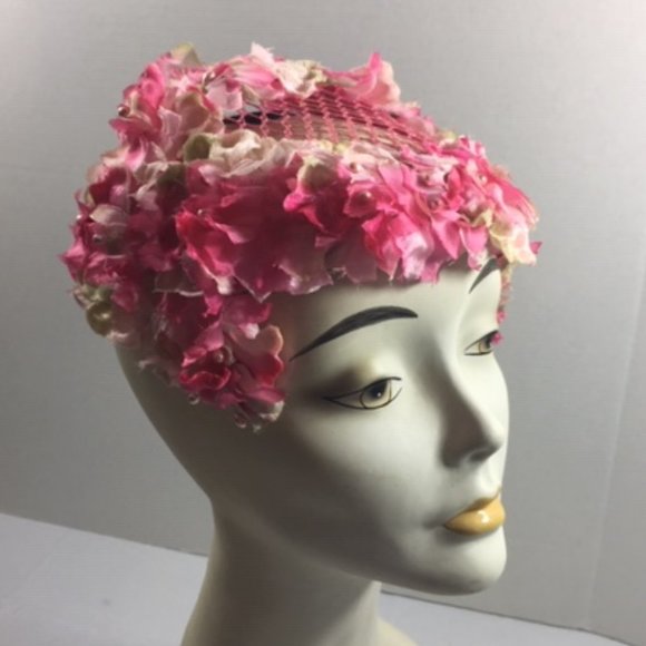 VTG 1950's Floral Blossom Capulet, Cocktail Hat w/ Pink White Flowers - Picture 1 of 7